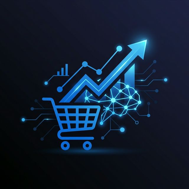 Gráficos de crescimento e carrinho de compras representando cases de e-commerce com inteligência artificial
